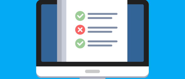 Online surveys form. Online exam. Checklist on the computer screen. Isolated vector illustration in flat style.