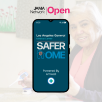 241126 Press Release - Safer@Home Program Published in JAMA Network A mobile phone with the Safer@Home logo on it, with the logo of Jama Network Open above it