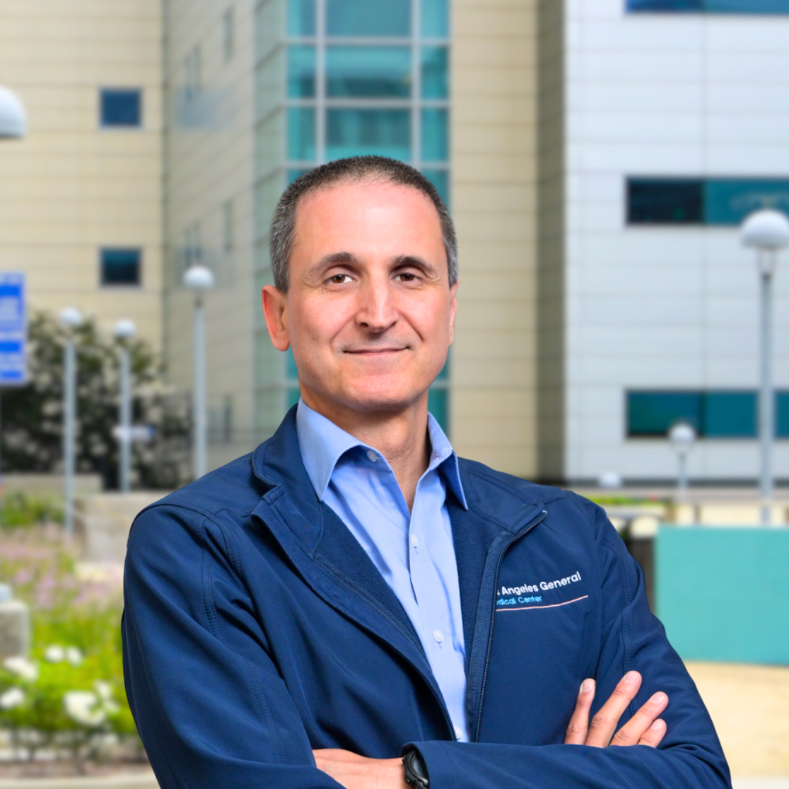 Dr. Brad Spellberg standing in front of LA General Medical Center