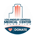 A circle icon with a blue outline of LA General's buildings with orange stripes going through them, all sitting on top of the words Los Angeles General Medical Center Foundation and Donate
