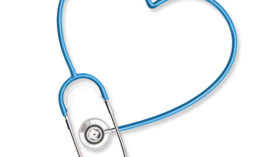 Isolated doctor's stethoscope in heart shape, symbolic teal color on white background with clipping path