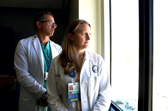 Dr. Nader Kamangar, left, and Dr. Jane Fazio at Olive View-UCLA Medical Center in Sylmar. (Trevor Stamp for LAist)